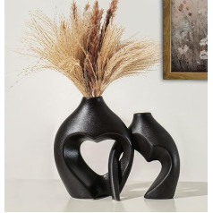 Black Ceramic Vase Set of 2 for Modern Home Decor, Boho Round Centrepiece for Dining Room Table, Heart-Shaped Vases for Flowers, Living Room Table Decor with Pampas Grass Vases