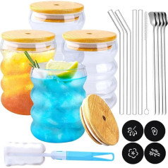 KIMIGO Ribbed Drinking Glasses with Glass Straws, Set of 4 (350 ml), Iced Coffee Glass, Cocktail Glasses Set, Bubble Tea Cups, Water Glasses, Long Drink Glasses for Bubble Tea, Whiskey, Cocktails,