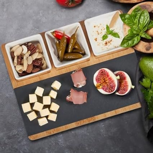 Relaxdays Serving Bowls Set of 8 with Bamboo Board, Slate Plate and Spoons, for Dips, Antipasti, Tapas, Multicoloured