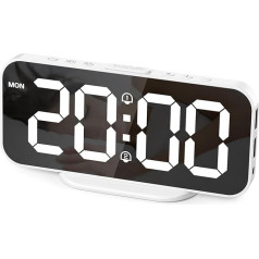 HOMVILLA Alarm Clock, LED Digital Alarm Clock with Large Mirror, Power Supply via Electric USB Cable, Dimmable Digital Alarm Clock with Snooze Function, 12/24 Hours, Dual Alarms, 2 Ports