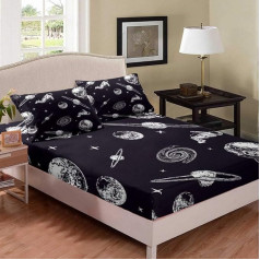 Cartoon Astronauts Planets Fitted Sheet 90 x 200 cm Unknown Stars Fitted Sheet for Children Boys Girls Adults Black Hole Fitted Sheet Set Ultra Soft 2 Pieces