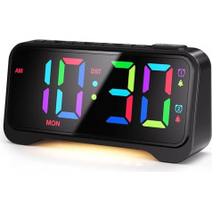 Digital Alarm Clock, Loud Alarm Clock for Deep Sleepers, Digital Alarm Clock Children with Light, Double Alarm Clock and Weekend Mode, Colourful LED Display, Dimmable Brightness and Tones, Battery