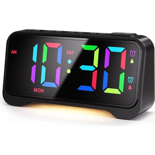 Digital Alarm Clock, Loud Alarm Clock for Deep Sleepers, Digital Alarm Clock Children with Light, Double Alarm Clock and Weekend Mode, Colourful LED Display, Dimmable Brightness and Tones, Battery