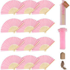 SWAWIS Pack of 28 Fan Wedding Paper Fans Pink Hand Fan Fecher Foldable with Organza Bag and DIY Labels for Cooling Down in Summer Wedding Birthday Party Christening Guest Gift