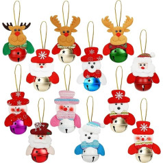 Belle Vous 12-Piece Bells Christmas Tree Set - Santa, Snowman, Reindeer, Bear, Elk & Other Small Bells with Plush Dolls for Hanging - Christmas Bells for Christmas Tree / Door Decoration