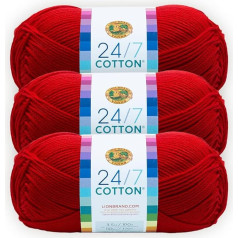 Lion Brand 24/7 Cotton Yarn for Knitting, Crocheting and Crafting - Red (Pack of 3)