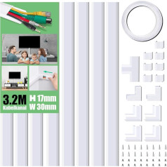 Cable Duct Self-Adhesive White, 320 cm PVC Cable Cover, Cable Duct for Hiding Cables, TV Cable Duct for All Power Cables in Household/Office, 8 Pieces x L40 cm x W3 cm x H1.7 cm