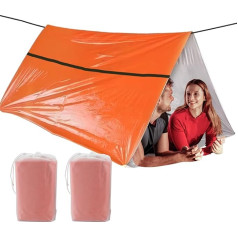 SET007 2 Pack Extra Thick Survival Life Tent, 2 Person Mylar Emergency Shelter Tube Tent Life Tent with Paracord • All Weather Protection for Hiking, Camping & Outdoor with Emergency Whistle, Orange