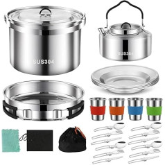 Camping Cookware Set, 304 Stainless Steel Camping Cooking Set, Camping Pot and Pan Set with Beating Cups, Plates, Forks, Knives, Spoons for Hiking, Picnic, Camping for 4 People