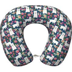 WenDang Weißes Reisekissen mit Hunde- und Blumendruck, weiches stützendes Nackenkissen für Reisen, neutrales Memory-Schaum-Nackenkissen