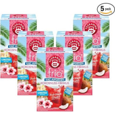 Teekanne Frio Coconut Hibiscus, 18 Tea Bags - Pack of 5 (5 x 18 Tea Bags) | Pink Drink Style | Limited Edition | No Sugar | No Calories | Alternative to Sugary Drinks