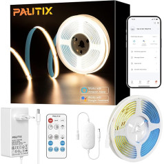 PAUTIX COB LED Strip Warm White 2700 K 5 m, WiFi LED Strip Light 24 V Dimmable 480 LEDs/M Flexible LED Strip CRI90+, 480LEDs/MSmart Function with Alexa, RF Remote Control and Power Supply for Home DIY