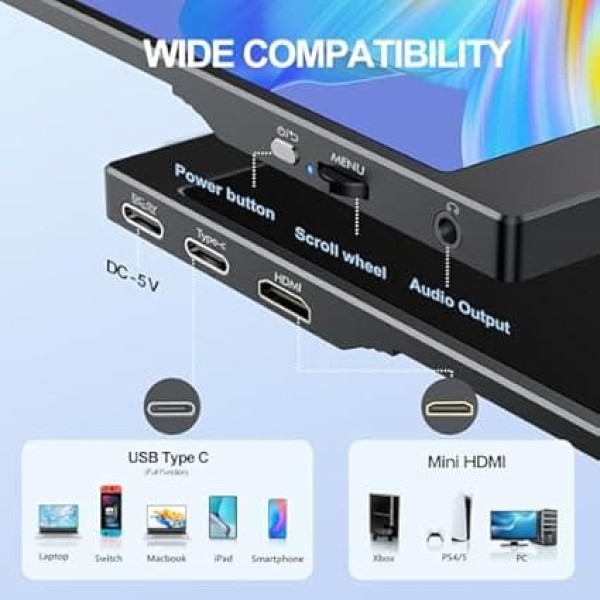 MOMODS Portable Monitor, 15.6 Inch Portable Monitor, IPS FHD 1080P HDR, External Mobile Screen with Mini HDMI Type C, for Laptop, Mac, PS5, Xbox