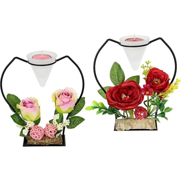 Decorated Metal Tea Light Holder with Glass Insert Tea Light Candle and Artificial Flowers Candle Holder Table Decoration Candles Advent Easter Mother's Day Valentine's Day Wedding Decoration Lantern