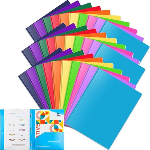 Briartw Heavy Duty Plastic Pocket Folder with Prongs for Stationery, 30 Colors, 2 Pockets and 3 Prongs, 2 Card Slots for Office and School, Employees or Students