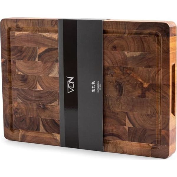 VDN Wooden Chopping Board - Wooden Kitchen Board [Made of Acacia Wood, with Juice Groove and Handles] - Wooden Chopping Board [26 x 38 x 3.5 cm] - Ideal as a Bread Chopping Board, Vesper Board or