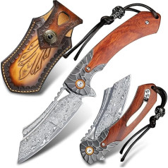 ALVELY Men's Pocket Knife Damascus Steel Handmade Folding Knife, 3.5 in Blade Rosewood Handle, with Leather Case, Liner Lock Steel Ball Bearings, Pocket Clip, EDC Camping Outdoor Survival Knife