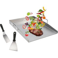 Grill Plate - 40 x 30 cm Stainless Steel Plancha with Grill Spatulas and Handle, Grill Accessories Universal BBQ Grill Plate for Gas Grill and Charcoal Grill