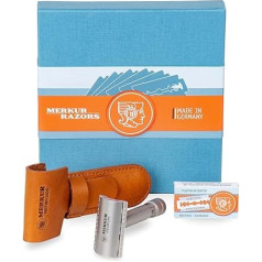 MERKUR Stainless Steel Safety Razor Set 34 INOX | Special Edition 1896 | Includes Premium Safety Razor, Leather Case and 10 x Platinum Blades | Satin Matt | Closed Comb | Ideal for Wet Shaving | Made