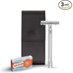MERKUR 5005 Travel Shaving Set with MERKUR 23C 3-Piece Long Handle Safety Razor with Bright Chrome Finish, 10 Double Blades and Black Leather Case, Made in Germany