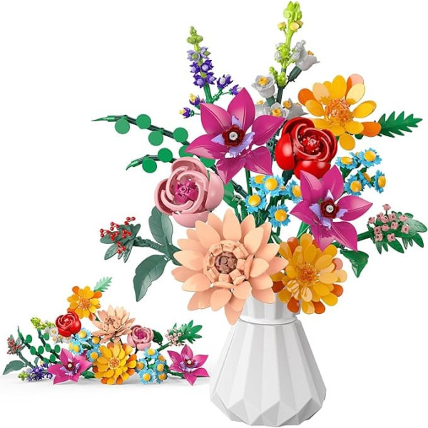 MONOFUN Flower Bouquet Kit, 13 Stems, Never Fade Bouquet with Flowers, Roses, Gift for Children, Adults, Women, Valentine's Day, Mother's Day, Birthday for Him or Her, 887 Pieces