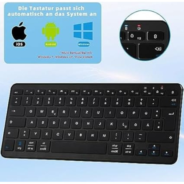 Qulose Wireless Bluetooth Keyboard, Rechargeable Mini Type-C, Radio, Ultraslim Ergonomic Design, German QWERTZ Layout, for Android/iOS/Windows 11/10/8