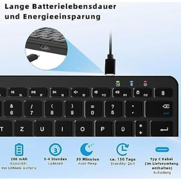 Qulose Wireless Bluetooth Keyboard, Rechargeable Mini Type-C, Radio, Ultraslim Ergonomic Design, German QWERTZ Layout, for Android/iOS/Windows 11/10/8