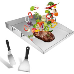Stainless Steel Plancha 40 x 30 cm Grill Plate Set with 2 Grill Spatulas and 2 Removable Folding Handles and Grease Drain Hole, 4 mm Thick Universal Grill Plate for BBQ Charcoal Grill Gas Grill