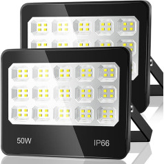 ANNIFUNLY LED Outdoor Spotlight, Pack of 2, 50 W, 5000 lm, Super Bright Outdoor Spotlight, 6500 K Cool White LED Outdoor Floodlight, IP66 Waterproof Headlight for Garage, Garden, Courtyards, Workshop