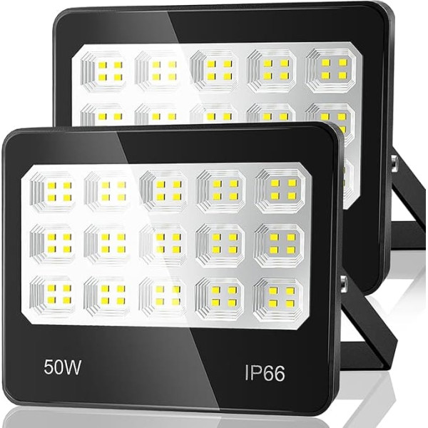 ANNIFUNLY LED Outdoor Spotlight, Pack of 2, 50 W, 5000 lm, Super Bright Outdoor Spotlight, 6500 K Cool White LED Outdoor Floodlight, IP66 Waterproof Headlight for Garage, Garden, Courtyards, Workshop