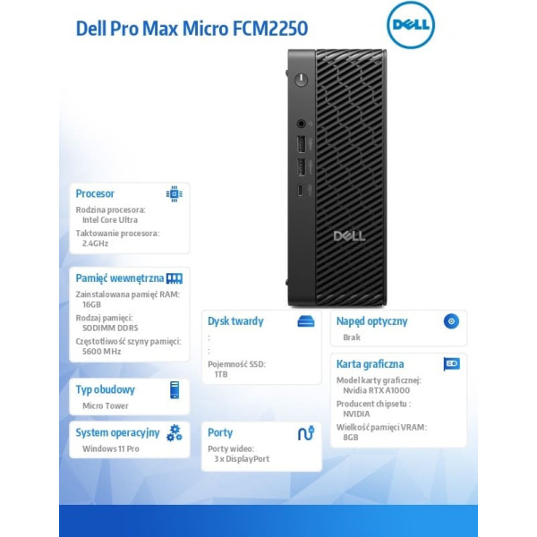 Dators pro max micro fcm2250 win 11 pro intel u7 265/16gb/1tb/nvidia rtx a1000 8gb/wlan + bt/wireless kb un pele/280w/vpro/3y prosupport