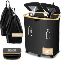 MOWETOO Deposit Bottles Collection Container 2 Compartments, 150 L Deposit Bottles Container with Lid, Container Empty & Waste Glass Storage, Kitchen Bin with 2 Carry Bags, Waterproof Mobile with