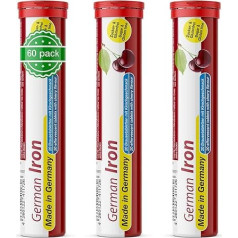 German Iron Effervescent Tablets, Pack of 60, Cherry Flavour, 14 mg, Iron, Sugar-Free, Vegan, T&D Pharma, German Iron, Made in Germany