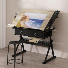 Vintage Drawing Table and Stool Height Adjustable (26.8-35.8) 0°-80° Tilted Top Ideal for Drawing, Home Office, School, Study Workplace