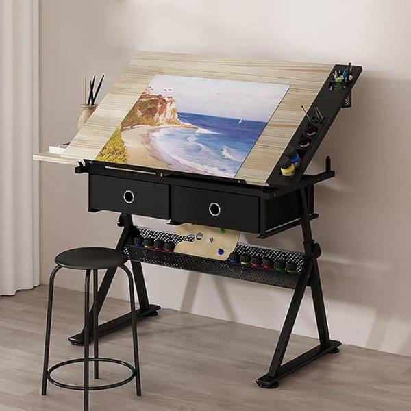 Vintage Drawing Table and Stool Height Adjustable (26.8-35.8) 0°-80° Tilted Top Ideal for Drawing, Home Office, School, Study Workplace
