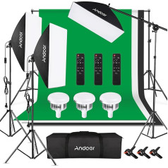 Andoer Softbox Photo Studio Set with Green Screen Set, 2 x 3 m Photo Studio Background System with 3 Softboxes, 3 x 85 W 2800 K - 5700 K Photo Lamp for Video Recording Portrait Photography