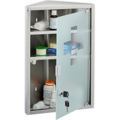 Relaxdays Medicine Cabinet, 3 Compartments, H x W x D: 45 x 30 x 17.5 cm, Lockable, Stainless Steel, Glass Door, Corner Pharmacy Cabinet, Silver