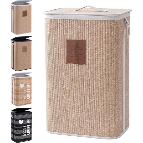 Muzilife Bamboo Laundry Basket, Narrow, 72 L, Foldable Laundry Basket with Lid, Laundry Box Made of Natural Cotton, Sturdy Laundry Bin with Carry Handles, 40 x 30 x 60 cm, Light Brown