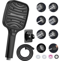 Shower Head with Hose and Wall Mount - 8-Stage Shower Head with 4 Buttons, High Pressure Hand Shower in Black - Powerful Rain Shower Head Set, Anti-Limescale Shower Head Shower Jian