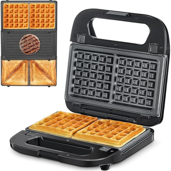 Multifunctional 3-in-1 Sandwich Maker, Waffle Iron, Contact Grill, Non-Stick Coated Removable Plates, 750 W, LED Indicators, BPA-Free, Black