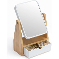 YEAKE Vanity Makeup Mirror with Storage, 1X/3X Magnifying Mirror with Adjustable Natural Bamboo Stand, Portable Small Table Desk Countertop Mirror with Drawer, Bathroom Shaving Mirror (Rectangular)