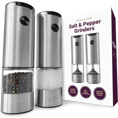 Andrew James Stainless Steel Salt and Pepper Mill Set, Illuminated Dosage, Adjustable Coarseness Ceramic Blades, One Touch Operation, Battery Operated, 18.2cm x 5.2cm