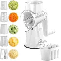 Rotary Cheese Grater for Kitchen, 5-in-1 Multifunctional Vegetable Slicer with Handle and Strong Suction Base, Round Mandolin Slicer & Food Chopper for Vegetables, Fruits, Cheese (White)