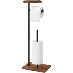 CADUKE Standing Toilet Roll Holder with Round Top Shelf - Toilet Roll Holder for 4 Spare Rolls - Stainless Steel Toilet Paper Holder for Bathroom, Toilet, Wooden Base (Brown)