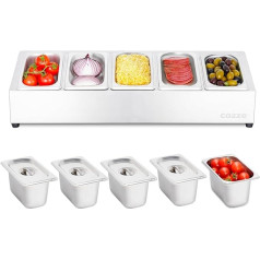 cozze® Pizza Topping Station - Stainless Steel Ingredient Container with Lid for Pizza Toppings - Professional Pizza Topping Station with 5 Compartments - Pizza Accessories for Kitchen and Catering