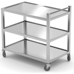 HENDI Serving trolley, welded for high stability, with 3 levels, load per level: 70 kg, 4 swivel castors, 2 lockable wheels, transport trolley, kitchen trolley, 800 x 500 x (H) 850 mm, stainless steel