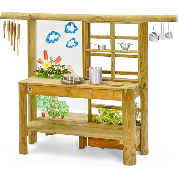 Plum Discovery Outdoor Mud Pie Kitchen Sensory Game - Built-in Planter Garden Tools, Sink, Cooking Utensils, Easy Clean Colour Screen with Water Based Paint, Suitable for