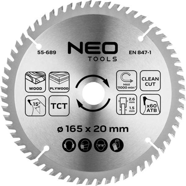 Neo Tools Zāģa asmens, iegremdējamais, plats, 165 x 1,5 x 2,6 x 20 mm, 60 zobi