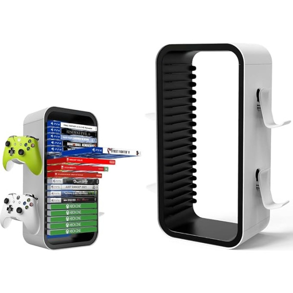 Zjyufy PS5 Stand PS4 Games Shelf PS5 Disc Games Holder Switch Games Storage Multifunctional Xbox Nintendo Games Stand for 18 Games and 4 Controller Accessories