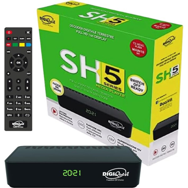 Digiquest SH5 HEVC H.265 DVB-T2 HD DVB-T2 Receiver DVB-T2 Chipset 10bit Full HD FTA, Tuner, DVB-T2 Digital Terrestrial Decoder, USB, HDMI, SCART, Ethernet LAN RJ-45, Black, Plastic
